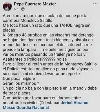 El cantante informó del incidente a un elemento estatal al llegar a un retén de seguridad. | Pepe Mazter Facebook