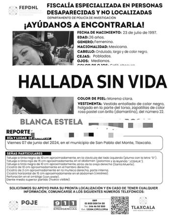 Ficha de búsqueda de Blanca Estela indica su hallazgo sin vida en el estado de Tlaxcala / Especial
