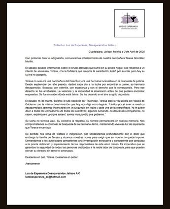 Comunicado con fecha del 2 de abril del Colectivo de búsqueda Luz de Esperanza