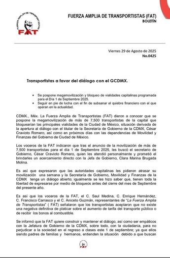 Comunicado de Fuerza Amplia de Transportistas sobre la marcha del 1 de septiembre en la Ciudad de México / Cortesía